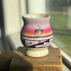 Vintage Navajo Art Pottery Pastel Sunset Horse and Rider Signed